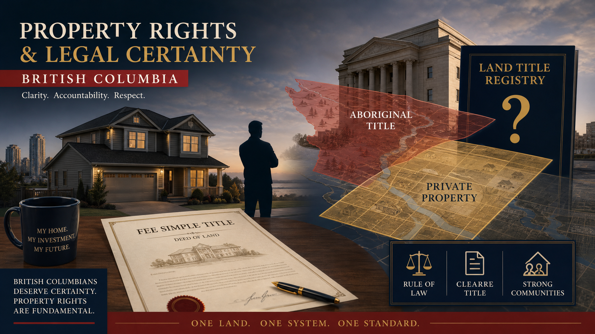 Editorial illustration of fee simple title, Aboriginal title map overlays, courthouse and B.C. homeowner uncertainty